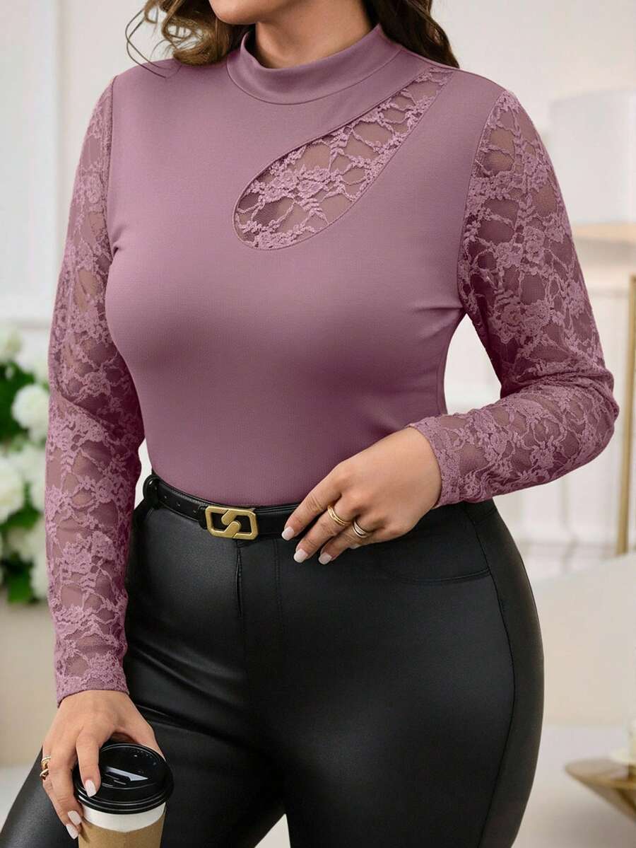 SHEIN Clasi 大码女式优雅性感蕾丝拼接不对称领半透明修身针织T恤黑色网纱上衣 - 淺灰紫 - 查看 1