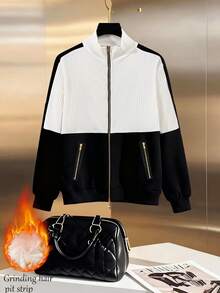 GlowEve Áo nỉ chắp vá nhiều màu sắc thường ngày dành cho nữ, Thu/Đông - Đen và trắng - Xem 5