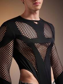 FeverCity Men's Sexy Slim Fit Black Long Sleeve Mesh Jumpsuit - Black - View 2