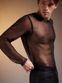 FeverCity Sexy Black Semi-Sheer Slim Fit Long Sleeve Men's Knit Top - Black - View 4