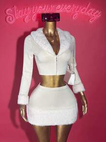 Slaydiva 2025 秋季新款万圣节生日派对宴会学院风学生日常休闲邮轮旅行病毒式街头服饰性感俱乐部 V 领长袖人造毛皮拼接夹克和下摆拼接人造毛皮迷你裙两件套，杏色绒面革，秋冬女装 - 杏色 - 查看 6