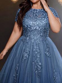 Glamrae 优雅浪漫奢华网纱串珠刺绣短袖贴花A字裙摆连衣裙，适合晚宴、单身派对、约会、舞会、假日、音乐节、婚礼，也适合大码新娘和母亲，情人节适用。 - 霧霾藍 - 查看 4