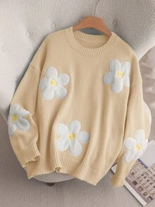 CosyJoli Áo len chui đầu dáng rộng họa tiết hoa 3D phong cách tối giản lãng mạn dành cho sinh viên cỡ lớn, mùa thu/đông - Màu be - Xem 5