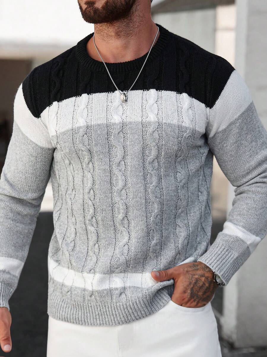 Manfinity Homme Men's Casual Contrast Color Cable Knit Pullover Sweater, Autumn/Winter Crochet Jumper For Men, Long Sleeve Top - Multicolor - View 1