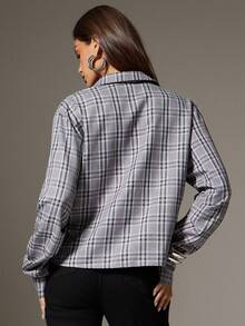 Denimoi Casual Long Sleeve Women's Twisted Front Low Neck Plaid Top - Grey - View 6