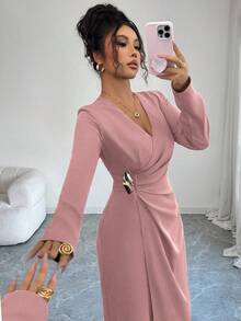 Elenzga Women's Solid Color Overlap V-Neck Long Sleeve Waist Ruched Metal Decor Elegant Dress - Dusty Pink - View 4