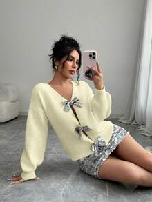 Elenzga Versatile Fashion Party Sequin & Bow Decor Backless Reversible Women Sweater, Autumn/Winter - Yellow - View 6