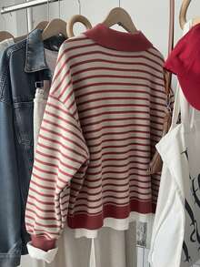 SHEIN Women's Casual Half-Zip Striped Colorblock Pattern Sweatshirt - Multicolor - View 2