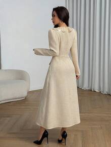 Modelyn Women's Autumn Long Sleeve Apricot Tweed Collar Faux Pocket Button Waist A-Line Elegant Dress - Apricot - View 2