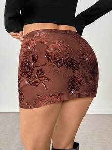 Franclia Jupe marron pour femmes, printemps et automne, avec imprimé floral tie-dye pailleté en maille. Jupe mini, jupe hanches, jupe à motif floral brodé en maille brillante. Jupe courte pour femmes, convient pour la rue, les soirées sexy, les fêtes, les sorties, Noël, Halloween, Nouvel An et autres jupes courtes pour femmes en hiver, Noël, Nouvel An, Thanksgiving. - Acajou - Voir 2