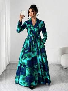 Elenzga Đầm in họa tiết thời trang thường ngày thanh lịch, tay dài, cổ bẻ, thắt lưng cỡ lớn dành cho nữ, tiệc mùa đông - màu xanh lá - Xem 3