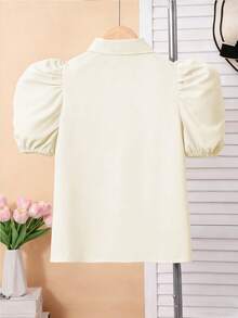 SHEIN Áo cánh dệt trắng thanh lịch dành cho bé gái tuổi teen, tay bồng, nơ có thể tháo rời, đa năng khi đi làm, kết hợp với váy, quần ống rộng, quần bó, quần short, thích hợp mặc khi trở lại trường và mặc hàng ngày - Màu be - Xem 2