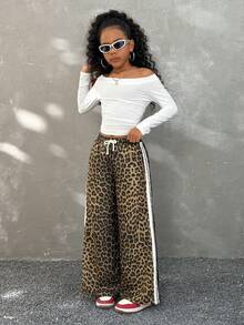 Coolane Kids Pantalon évasé à imprimé léopard et rayures blocs de couleurs pour préadolescentes