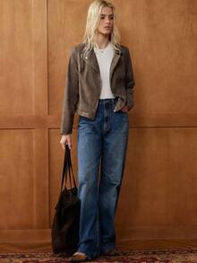 Écloséra Elegant Retro Brown Fashion Asymmetrical Collar Four-Button Long Sleeve PU Zipper Thin Jacket For Women, Spring/Autumn - Coffee Brown - View 7