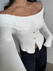 SHEIN MOOSTA Suéter sexy y versátil de manga larga con hombros descubiertos, de unicolor y con detalle de costillas - Albaricoque - Ver 6