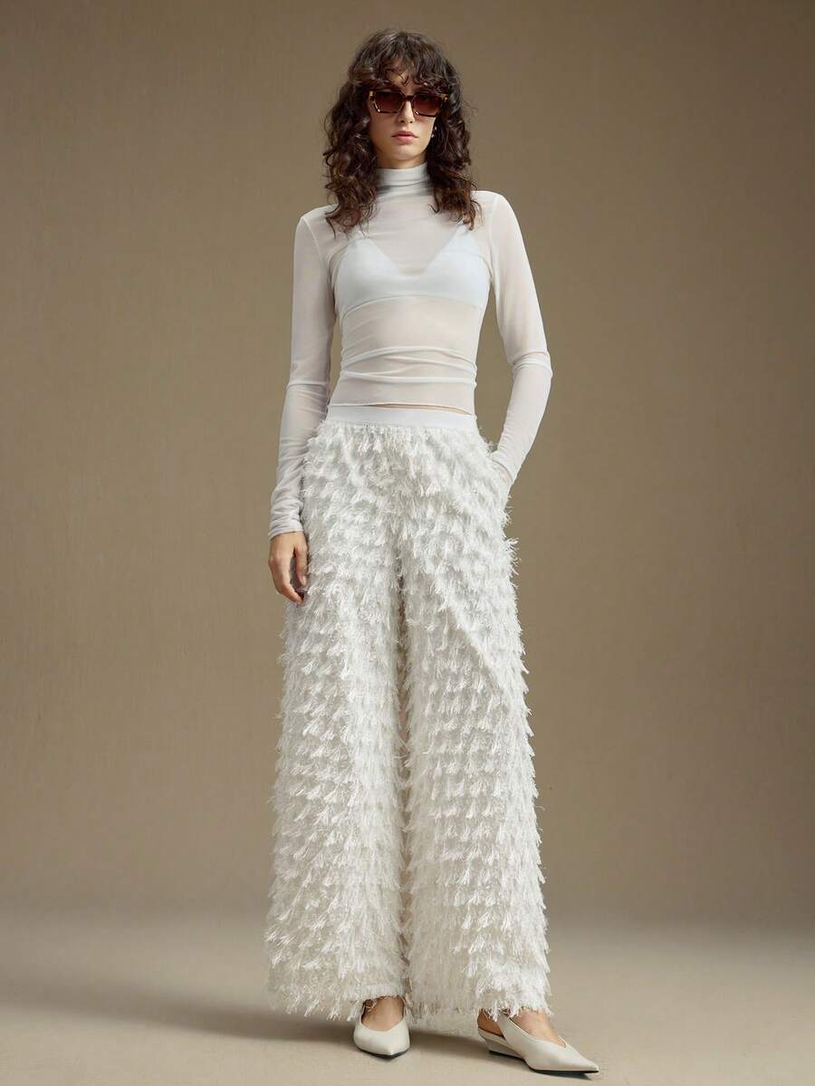 Ontre 2025 Winter Women's Trousers, Party, New Year, White, Textured Fabric, Loose Fit, Minimalist Elegant, Autumn/Winter Apparel, Holiday Party, Women's Bottoms, Holiday, Women's Office Wear, Workwear, Halloween, Christmas, Casual, Versatile, Urban Chic, Guest Attire, Back To School, Women's Pants, Elastic Waistband, Thanksgiving, Valentine's Day, Holiday, Fashionable & Versatile Women's Pants - White - View 1