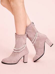 CUCCOO DOLLMOD 女士仿麂皮圆头优雅仿珍珠绑带高跟弹力靴，防滑粗跟中筒靴，适合秋冬季穿着 - 淺粉色 - 查看 3