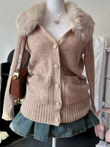 INAWLY 大码女式时尚长袖开衫，带毛领，秋冬款 - 杏色 - 查看 1