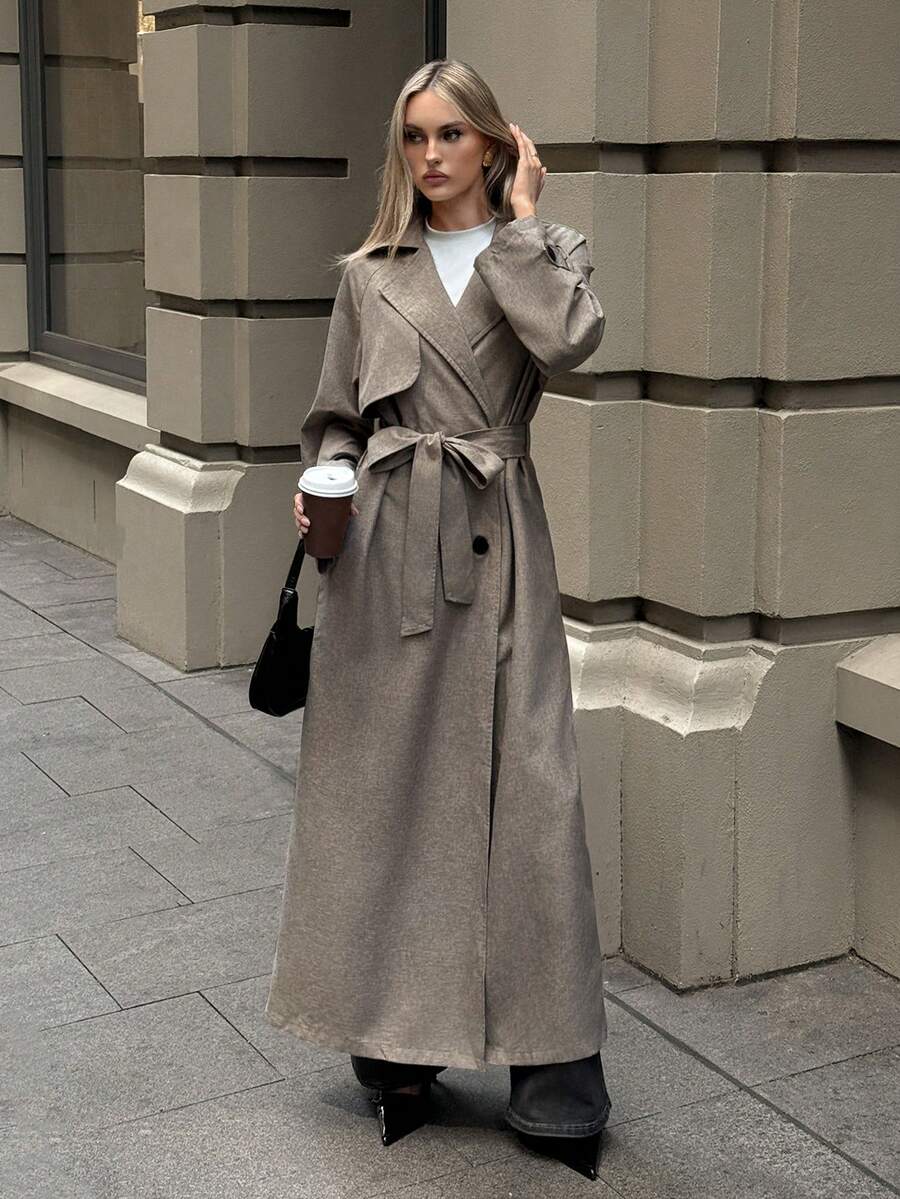 Aloruh 女士休闲双排扣系带风衣，秋季，女士秋季外套 - 卡其色 - 查看 1