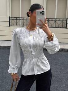 Siren Gaze Casual Striped Waist Cinched Design Long Sleeve Women Blouse, Striped Blouse, Lantern Sleeve Blouse, Women Blouses Elegant, Puff Sleeve Blouse, Elastic Shirt,Suitable For Commuting,Button-Down Shirt, Business Casual Woman Blouse, Casual Work Tops,Suitable For Work, Commute And Vacation, Spring/Autumn,French Style Holiday Resort - Black and White - View 6