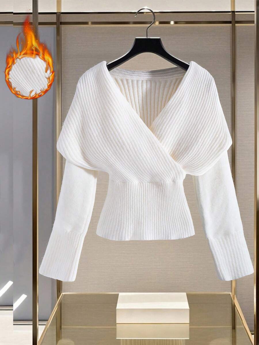 Modelyn Korean Style V-Neck Wrap Around Dropped Shoulder Pullover Sweater