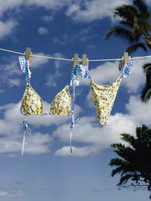 Swim Mod 2pcs Women Vacation Outfit Mod Stylish Cute Sexy Beach Party Plaid & Floral Random Print Ruffle Adjustable Strap Backless Triangle Top And Ruffle Cute Bikini Bottoms Set - Multicolor - View 3