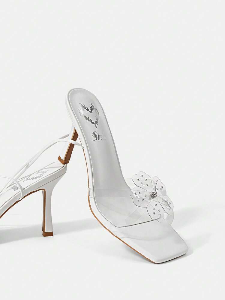 Translucent Tpu With Rhinestone Butterfly And Flower Decor Ankle Strap High Heel Sandals For Women