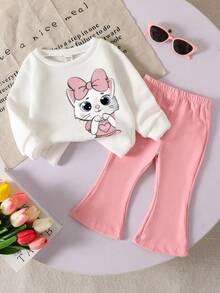 SHEIN 2pcs/Set Baby Girl Cute Cat Print Knit Soft Round Neck Long Sleeve Sweatshirt And Floral Bell Bottom Pants Set, Girls Christmas Outfit, Suitable For Autumn/Winter, Comfortable And Casual, Layering Piece, Fashion Streetwear, Graphic Design, Back To School, Autumn, Back To School Party, Suitable For Outdoor Picnic, Street Photography, Home, Campus, Holiday, Gift - Multicolor - View 2