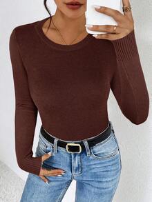 SHEIN Frenchy Suéter de cuello redondo de manga larga de unicolor y minimalista para mujer, para uso diario - Marrón - Ver 6