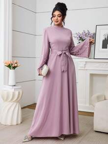 Al Najma 女士优雅纯色腰带长袖阿拉伯风格连衣裙 - 粉色 - 查看 5