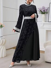 Al Najma Casual Retro Long Sleeve Waist Cinched Women's Arabic Style Dress - Black - View 6