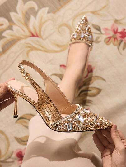 CUCCOO TILAWA Sandali con tacco alto e punta affusolata sexy per donne con cinturino alla caviglia tempestato di cristalli e tacco a spillo sottile