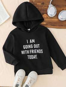 Genkimix Kids 女童长袖连帽卫衣，经典黑色，百搭时尚，正面印有“今天和朋友们在一起”的时尚文字，卫衣设计实用，适合外出和上学穿着，春秋季休闲宽松版型卫衣 - 黑色 - 查看 4