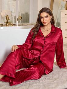 MuseNap CURVE Plus Size Striped Jacquard Faux Silk Lapel Pajama Set, Fall & Winter Clothes - Burgundy - View 4