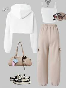 SHEIN ChillGRL 少女三件套针织套装，包含字母印花卫衣、吊带背心和工装裤，舒适百搭，展现青春个性，秋冬必备。 - 卡其色 - 查看 2