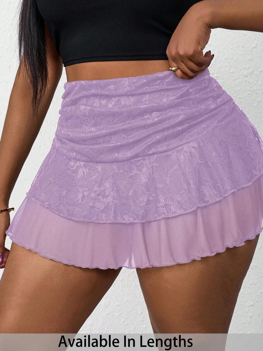 SHEIN PETITE CURVE 大尺碼女款腰部抓皺對比蕾絲裙 - 淡紫色 - 查看 1