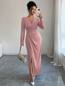 Elenzga Women's Solid Color Overlap V-Neck Long Sleeve Waist Ruched Metal Decor Elegant Dress - Dusty Pink - View 7