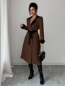 Elenzga 女士撞色领设计双排扣收腰优雅休闲通勤时尚法式风衣，奶油白与杏色拼接，长袖，秋冬款 - 彩色 - 查看 7