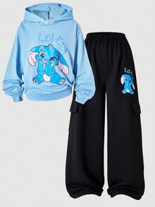 SHEIN ChillGRL 2pcs/Set Tween Girls Streetwear Outfit, Cute Navy Blue Rabbit Graphic Hoodie Sweatshirt Paired With Black Cargo Pants With Large Pockets, Suitable For Spring, Summer, Autumn, Winter - Multicolor - View 4