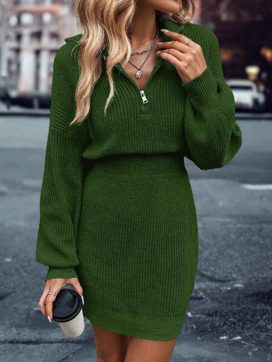 EMERY ROSE Women's Casual Solid Color Knit Dress, Autumn/Winter - Dark Green - View 1