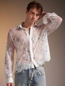 FeverCity Men's Sexy Sheer Front Button Long Sleeve Lace Mesh Shirt
