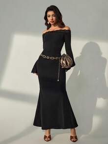 Lyxana Long Flare Sleeve Off Shoulder Contrast Lace Elegant Casual Vacation Dress For Women, Autumn/Winter - Black - View 7