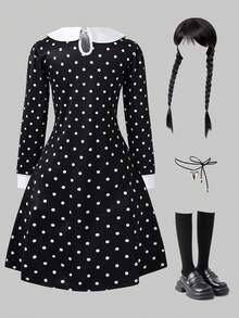 SHEIN Vestido preto com gola Peter Pan e bolinhas para meninas, vestido formal preto, vestido gótico para meninas, adequado para deslocamento diário, passeios, apresentações, festas, outono e inverno