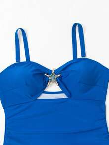 Swim Oasis Costum de baie dintr-o singură piesă pentru femei, mărime plus, cu bretele detașabile, culoare bleumarin solid și fustă maxi din plasă