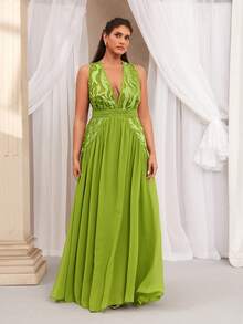 VOLUPTÉ CURVE Vestido de talla grande para el Día de San Valentín, primavera/verano, nueva llegada. Elegante vestido largo de diosa francesa con encaje verde, parches y decoración de lentejuelas, escote en V profundo, sin mangas. Vestido maxi con pliegues en el bajo, ajustado, recomendado para fiestas, cumpleaños y bodas. - Verde - Ver 4