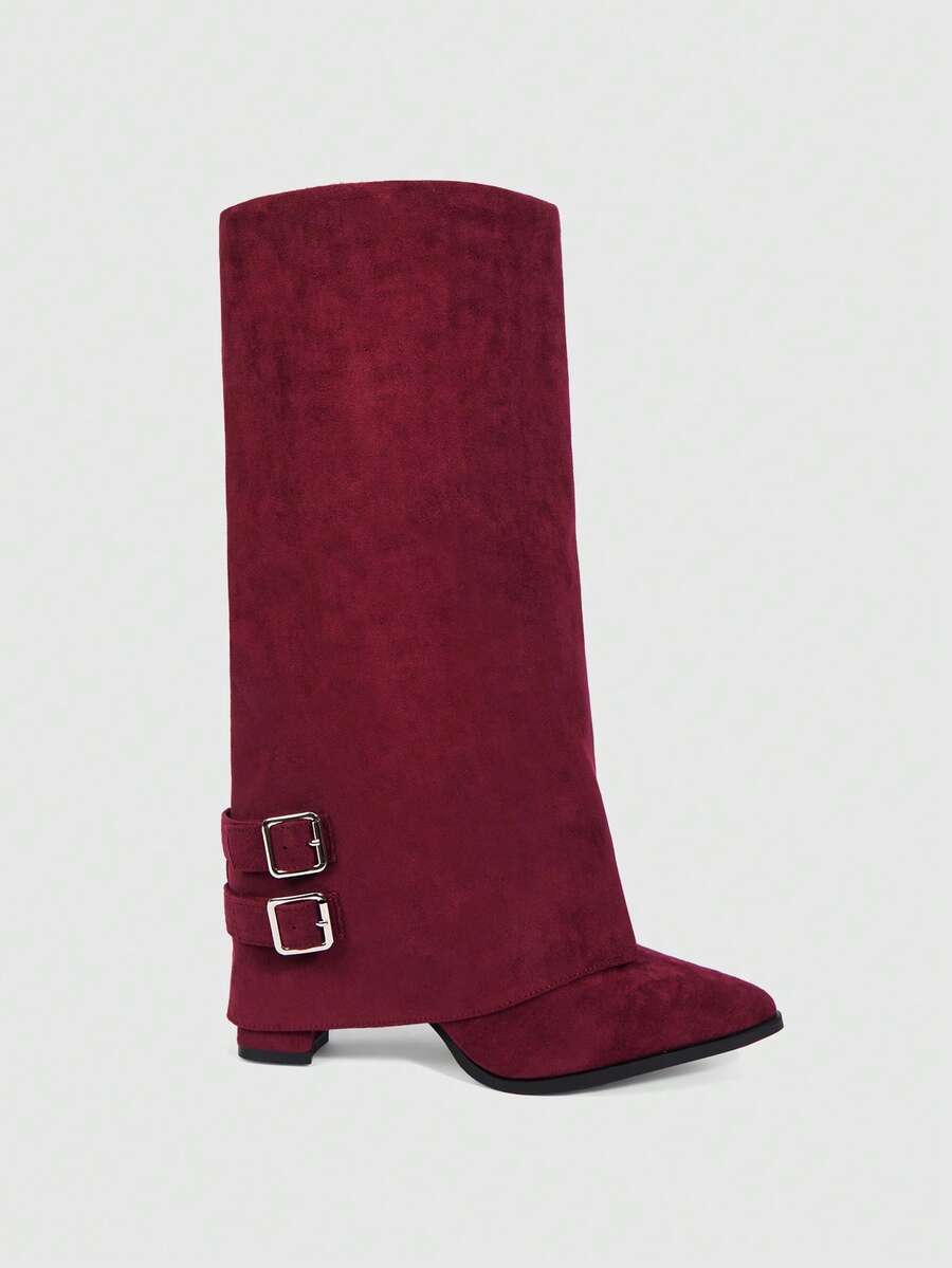 Mnmlis Botas altas hasta la rodilla con diseño de hebilla y punta puntiaguda para mujer - Burdeos - Ver 1