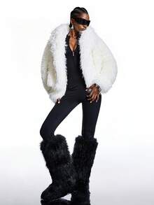 LYSMO 2025 New Minimalism Women's Solid Color Faux Fur Jacket,All White,Winter,Chic,Night Out Versatile Long Sleeve Party Coat White Shrug Outerwear - White - View 6