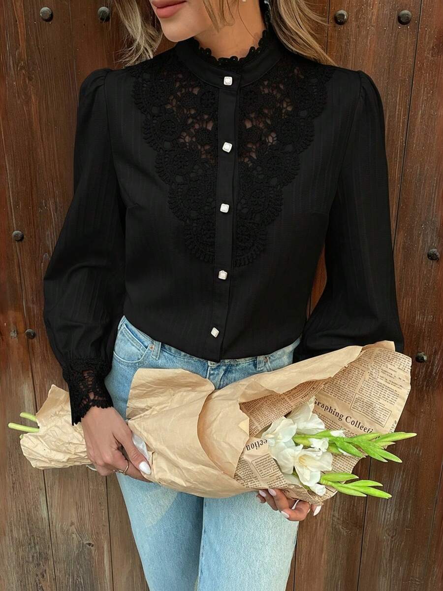 Pariaura Áo sơ mi cài nút ren thêu họa tiết lãng mạn thanh lịch dành cho nữ - màu đen - Xem 1