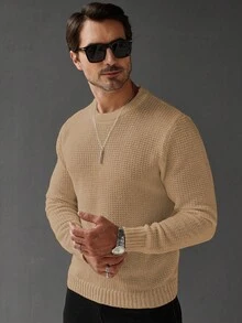 Manfinity Homme 男士休闲纯色圆领毛衣，秋冬男装，男士圆领毛衣，男士针织衫，男士套头衫，男士毛衣，针织毛衣，男士毛衣上衣，男士圆领毛衣，米色男士毛衣 - 卡其色 - 查看 5