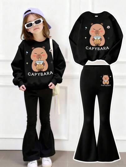 2pcs/Set Young Girl Casual Minimalist Letter & Cartoon Animal Print Crew Neck Sweatshirt And Black Bell-Bottom Pants, Comfortable Basic Versatile Outfit For Autumn/Winter And All Seasons